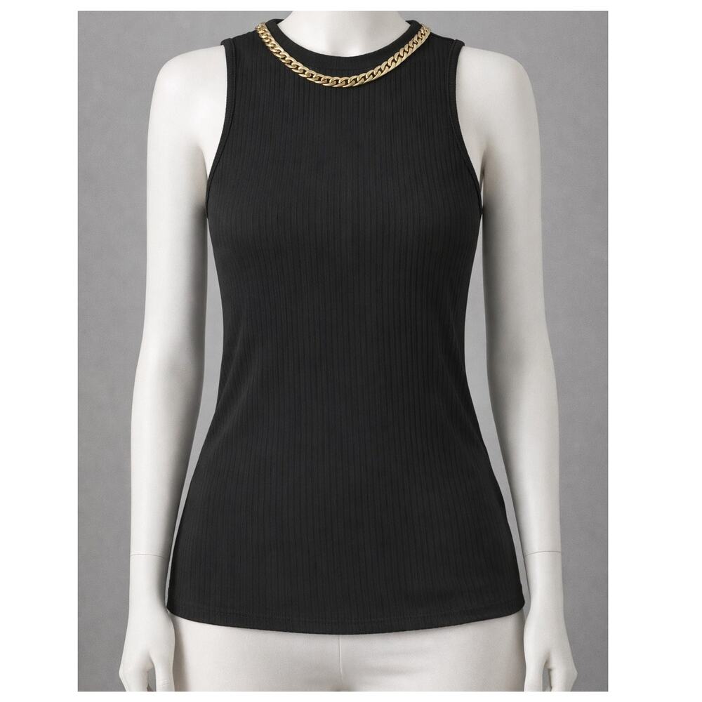 Generation Love Chain Trim Zip Sleeveless Ribbed Black Top Womens XS Luxury